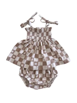 Smocked Set, Tan Sun Checkerboard