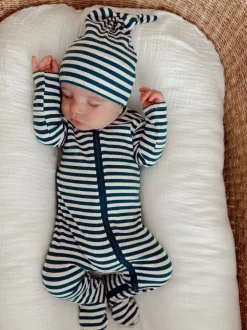 Steel Blue Stripe / Organic Ribbed Zip Footie
