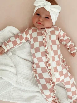 Strawberry Shortcake Checkerboard / Organic Frill Zip Footie