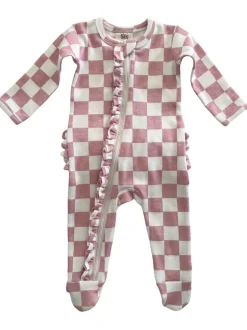 Strawberry Shortcake Checkerboard / Organic Frill Zip Footie