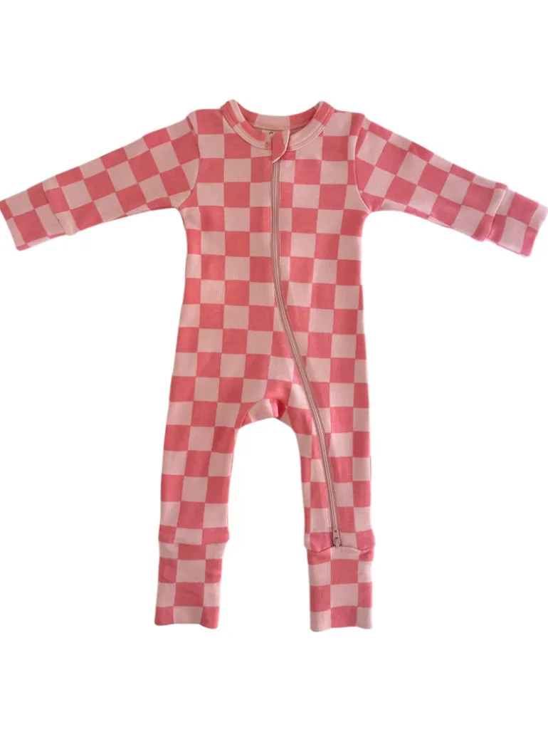 Strawberry/Rosy Checkerboard / Organic 2-Way Zip Romper