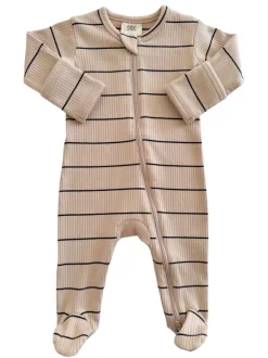 Tan/Black Stripe / Organic Ribbed Zip Footie