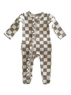 Tiramisu Checkerboard / Organic Frill Zip Footie