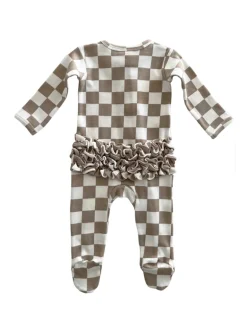 Tiramisu Checkerboard / Organic Frill Zip Footie