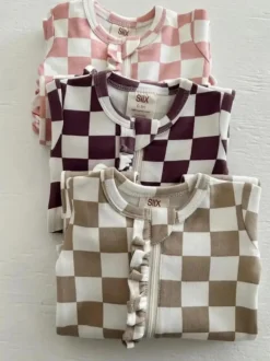 Tiramisu Checkerboard / Organic Frill Zip Footie