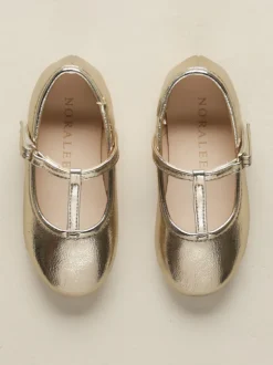 T-Strap Ballet Flats, Gold Metallic