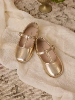 T-Strap Ballet Flats, Gold Metallic