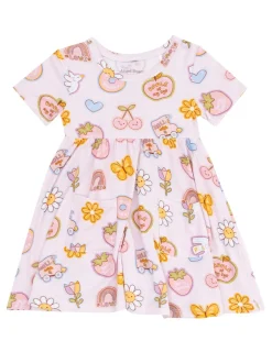 Twirly Short Sleeve Dress, Groovy Vibes Stickers Pink