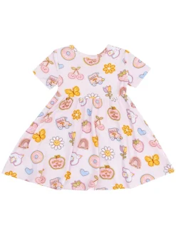 Twirly Short Sleeve Dress, Groovy Vibes Stickers Pink