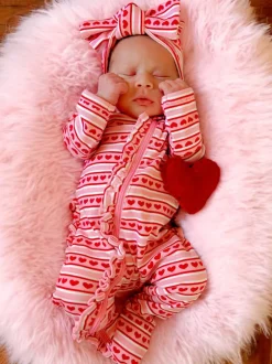 Valentine Stripe / Organic Frill Zip Footie