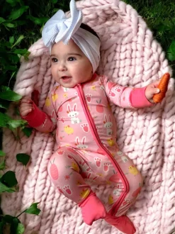 2-Way Convertible Zip Romper, Pink Easter Bunny