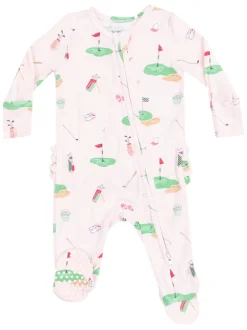 2-Way Zip Ruffle Back Footie, Golf Things Pink