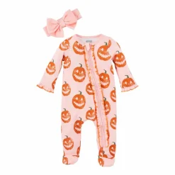 Zip Footie & Headband Set, Pink Jack-O-Lantern