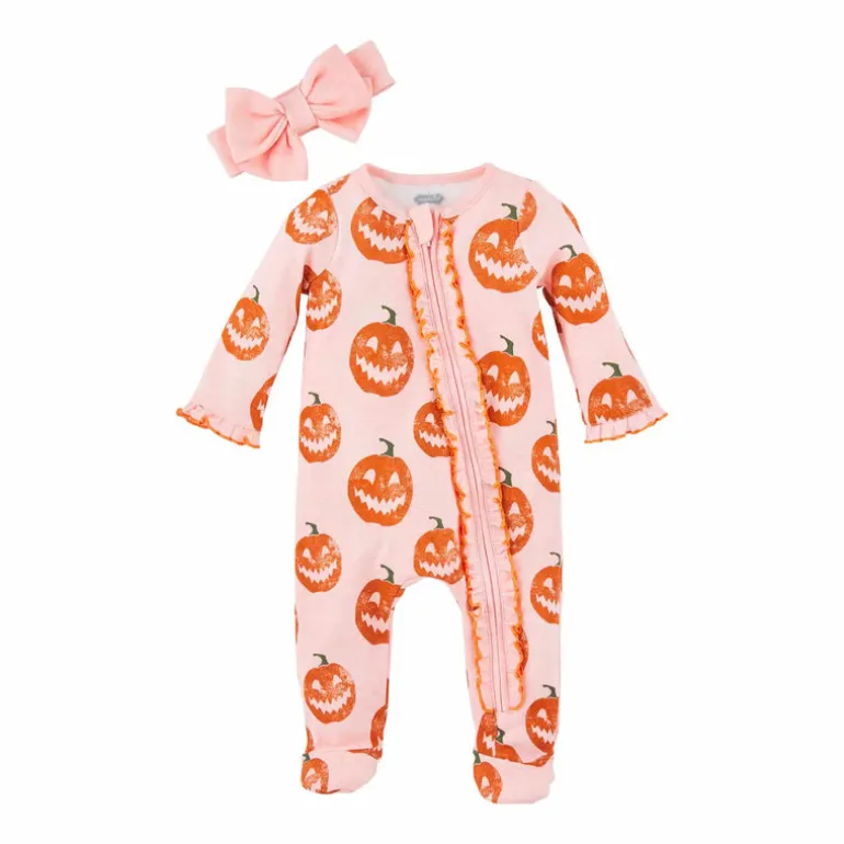 Zip Footie & Headband Set, Pink Jack-O-Lantern