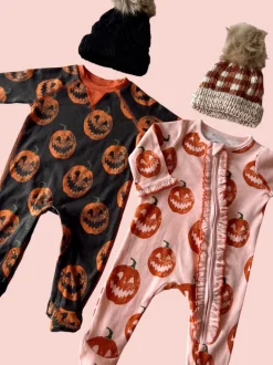 Zip Footie & Headband Set, Pink Jack-O-Lantern